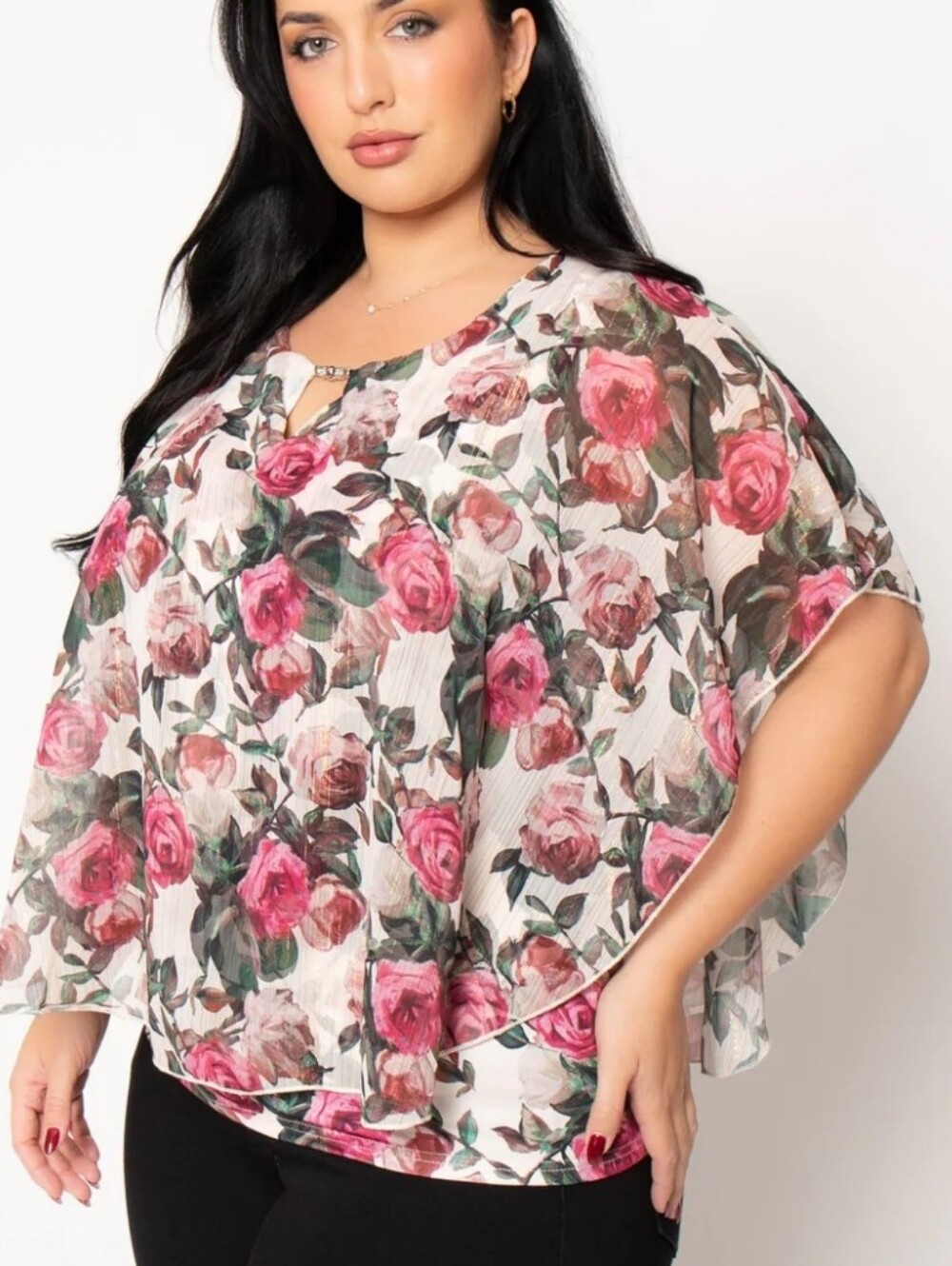 NEW SARA MICHELLE BLOUSE FLORAL SHEER OVER TANK MULTICOLOR FLUTTER SLEEVE